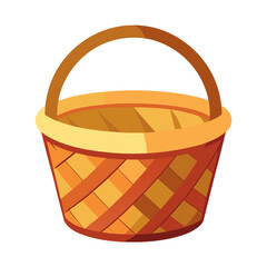Empty woven wicker basket with a curved handle and a yellow rim on a black background isolated illustration