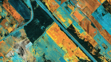 Abstract false color satellite view showing agricultural land from an aerial perspective. colorful remote sensing data creates stunning pattern of farm fields and geography