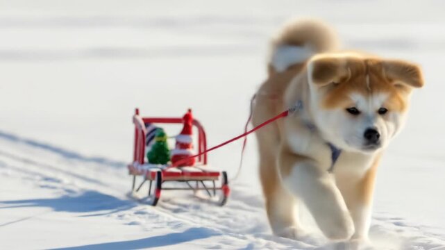 Adorable Akita puppy pulling red sled with Christmas decorations through snow on a sunny winter day.