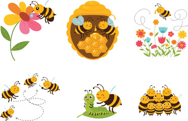 Cute cartoon bees, honeycomb, flowers, flying patterns, and insect friends in a colorful, educational, and playful nature-themed illustration set.