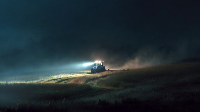 Autonomous electric tractor working at night on farm field. Modern agriculture technology representing future of farming with moody and mysterious atmosphere