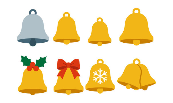 Festive bells collection with holiday decorations in flat style