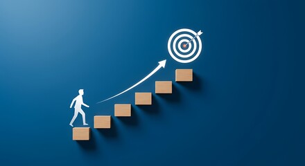 Person climbing stairs towards a bullseye target symbolizing success and growth