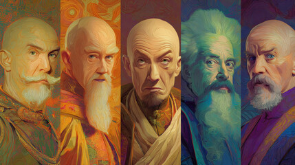 Naklejka premium Serious fantasy portrait collage of five wise, bald, elderly men with beards. master wizard or monk council shows powerful and intense human expression