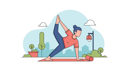 Illustration of a woman in a dynamic yoga pose on a mat in an urban park, symbolizing fitness, balance, and healthy lifestyle.