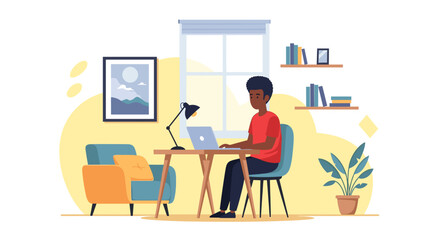 A focused Black man works remotely on his laptop at a modern home desk, creating an ideal setting for productivity, online learning, or casual business tasks.