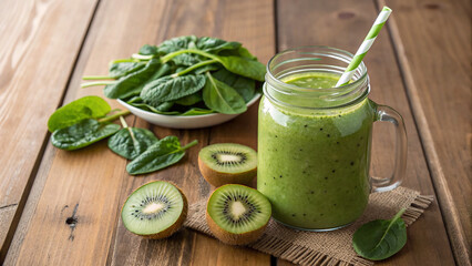 Green smoothie with spinach and kiwi sits on a rustic wood surface, perfect for health food product photography and blog headers.
