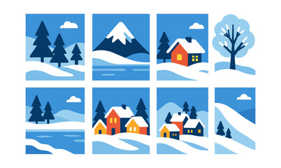 Scenic winter landscapes with snow-covered mountains and cozy houses