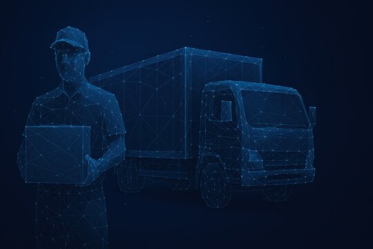 Futuristic delivery concept with low poly truck and delivery man illustration
