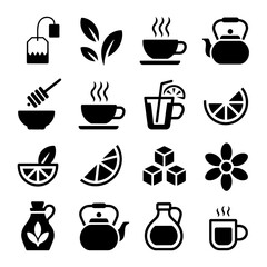 Tea Icons Set – Black Silhouette Symbols of Cups, Kettle, Honey, Lemon, and Herbs