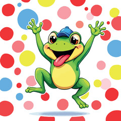 Vsai happy frog jumping and sticking its tongue out wearing a cap