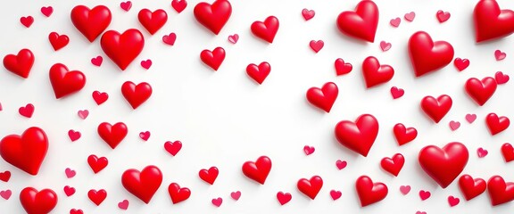 Elegant white backdrop scattered with realistic red and pink hearts of varying sizes,  pink hearts,  pattern