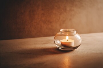 Glass candle holder with lit white candle, minimalistic atmosphere, emotional concept, grief