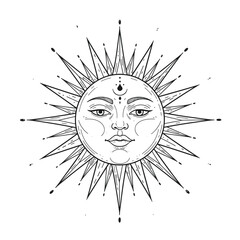 Face of the sun in vintage style. Vector illustration. Black and white graphics. Logo of the sun. stock illustration