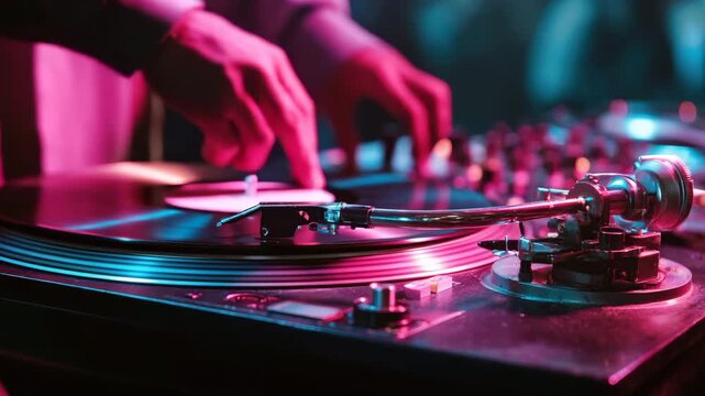 Man hands djing with turntable. Professional sound mixer dj at pink neon light night club. Music production, concert, party and event. Person controls music. Dance vibe.