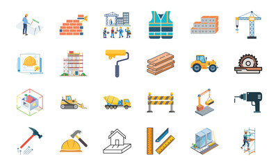 Obraz premium Construction and Building Icons Set – Architecture Tools, Engineering Equipment, Construction Site, Crane, Safety Helmet, Concrete Mixer, Bulldozer, Power Drill, Saw, Hammer, Ruler, Paint Roller, Wood