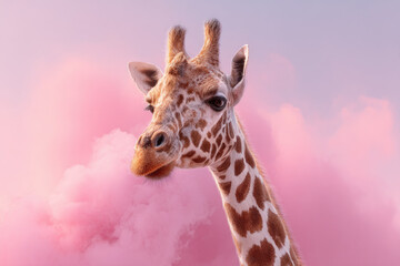 Obraz premium Giraffe with a pink cloud around. Creative and dreaming concept