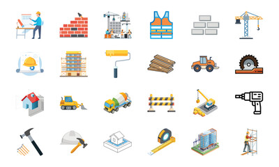 Obraz premium Construction and Building Icons Set – Architecture Tools, Engineering Equipment, Construction Site, Crane, Safety Helmet, Concrete Mixer, Bulldozer, Power Drill, Saw, Hammer, Ruler, Paint Roller, Wood