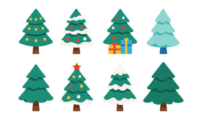 Fototapeta premium Colorful christmas trees collection featuring simple festive designs in flat style