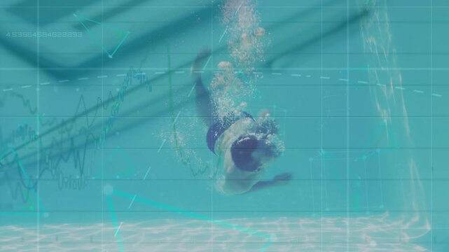 Animation of statistics with data processing over caucasian man underwater swimming in pool - Powered by Adobe