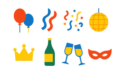 Colorful party icon set with balloons, confetti, and celebratory symbols