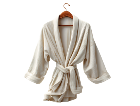 White corduroy bathrobe hanging on wooden hanger clothing isolated on a transparent background - Powered by Adobe