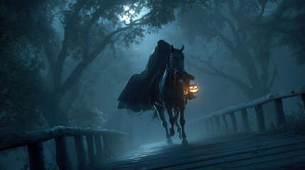 Headless Horseman Holding a Jack-O-Lantern on a Foggy Bridge