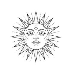 Face of the sun in vintage style. Vector illustration. Black and white graphics. Logo of the sun. stock illustration