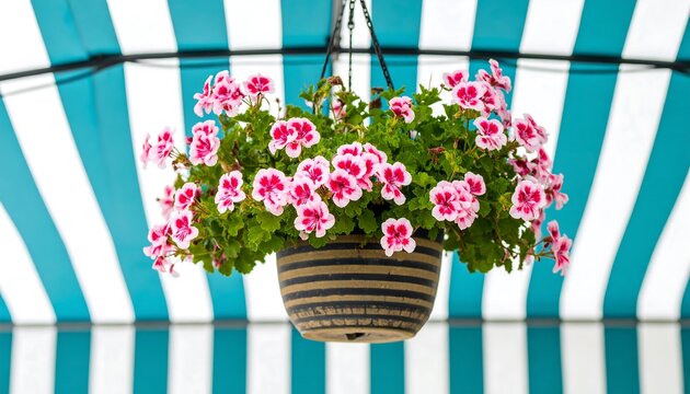 Pink geraniums in a hanging pot under a striped awning