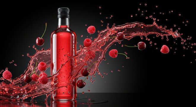 Dynamic berry elixir explodes beside sleek bottle a symphony of red juice freshness and antioxidant richness on black backdrop