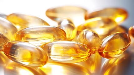 Artistic close-up of omega-3 capsules on a light, glossy surface with water droplets for a refreshing effect, clear highlights and reflections, wellness concept, full-frame,