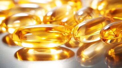 Artistic close-up of omega-3 capsules on a light, glossy surface with water droplets for a refreshing effect, clear highlights and reflections, wellness concept, full-frame,