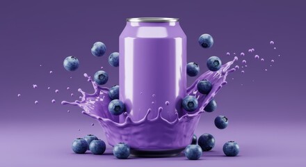 Refreshing blueberry drink splashing with floating berries in a vibrant and inviting purple scene