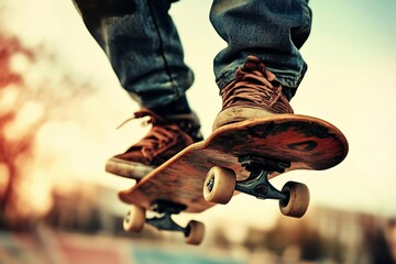 Skateboarder performing a trick in the air, showcasing urban youth culture