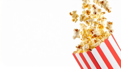 Popcorn flying out of red white striped paper box isolated on white,