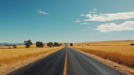 Rural Road Journey Through Wheat Fields Beneath a Clear Sky's Azure Canvas