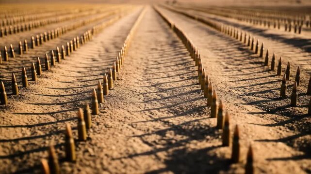 Rows of Bullets in Sand, symbolizing war and conflict, showing ammunition for destruction