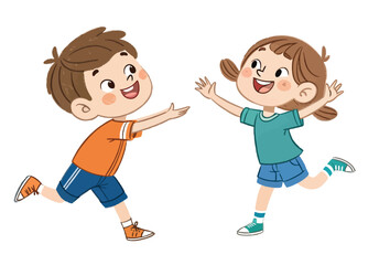 Happy Kids Running to Greet Each Other Cartoon Illustration