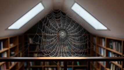 Spooky spiderweb inside attic library with books and skylight, Halloween concept. - Powered by Adobe