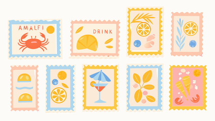 Set of italian summer mediterranean postage stamps. Vacation in Italy. Amalfi. Vector trendy illustration.