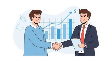 Two businessmen shaking hands in front of a bar chart with an upward trend signifying financial growth and success