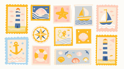 Set of italian summer mediterranean postage stamps. Vacation in Italy. Amalfi. Vector trendy illustration.