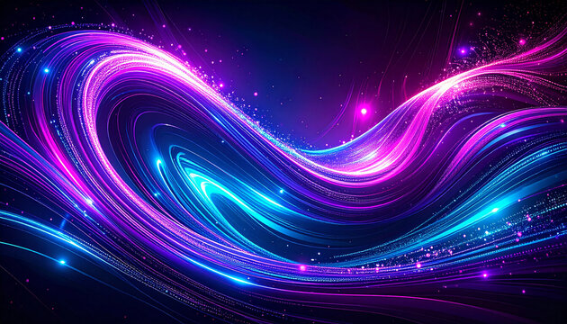 Vibrant flowing light trails of neon pink and blue energy create a dynamic, futuristic wave on a dark abstract background