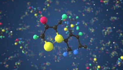 3D rendering of a molecule structure on a blue background, scientific visualization