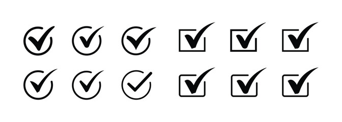 Black Check Mark Icons Set in in Square and Circle Shapes on transparent background