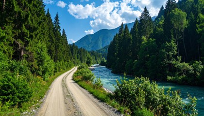 Scenic forest dirt road along river with vibrant green trees, clear blue sky, and distant mountains, creating peaceful and refreshing natural landscape