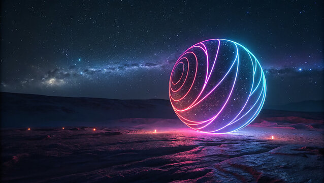 Blue-Pink neon orb glows, starfield background, cosmic glow, tech futuristic feel. Use for website, digital art, posters.