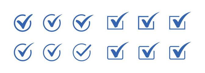 Collection of Blue Check Mark Icons in Circle and Square on transparent background