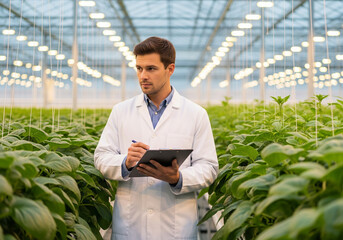 Focused agronomist in a white lab coat meticulously inspecting green plant crops and recording data on a tablet inside a modern greenhouse