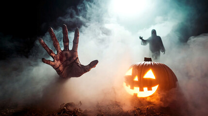 Happy Halloween, A zombie hand emerging from the ground, reaching toward a glowing pumpkin, Generative ai